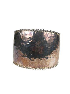 Hammered Wide Cuff Bracelet Ball Bead Pale Goldtone Animal Print TARNISH